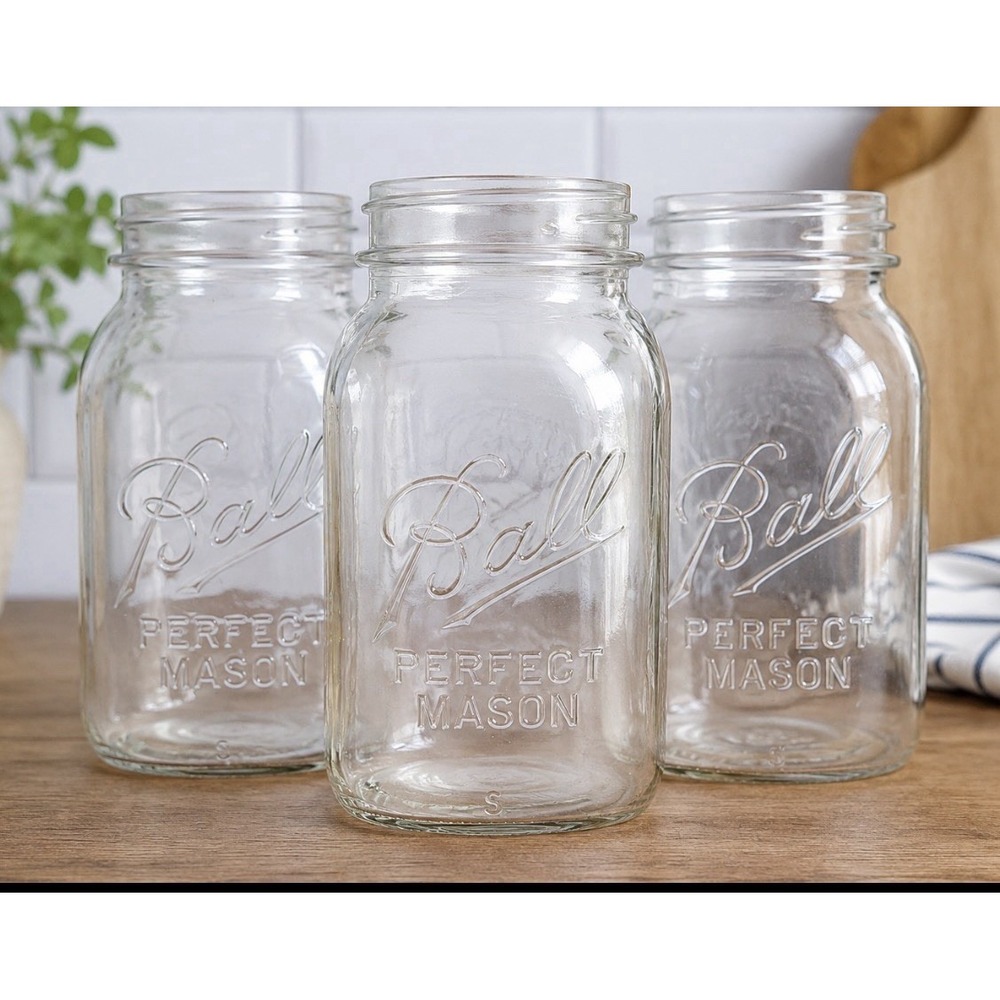 Lot of 3 Antique Ball Perfect Mason Quart Jars 1913-1923 Ribbed Clear Glass